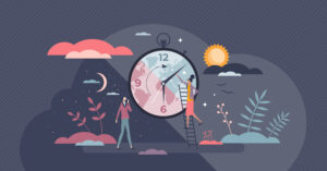 Vector illustration showing a large stopwatch with day and night scenes—sun, moon, stars, clouds, plants—and two people adjusting the hands, symbolizing time, circadian rhythm for soul care.